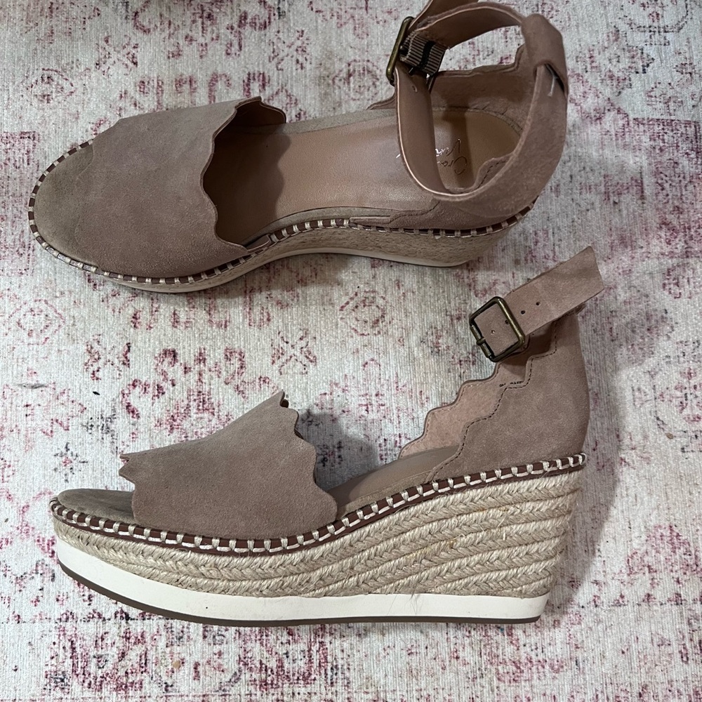 Tan Suede Ankle Strap Wedge Sandal. Never Worn